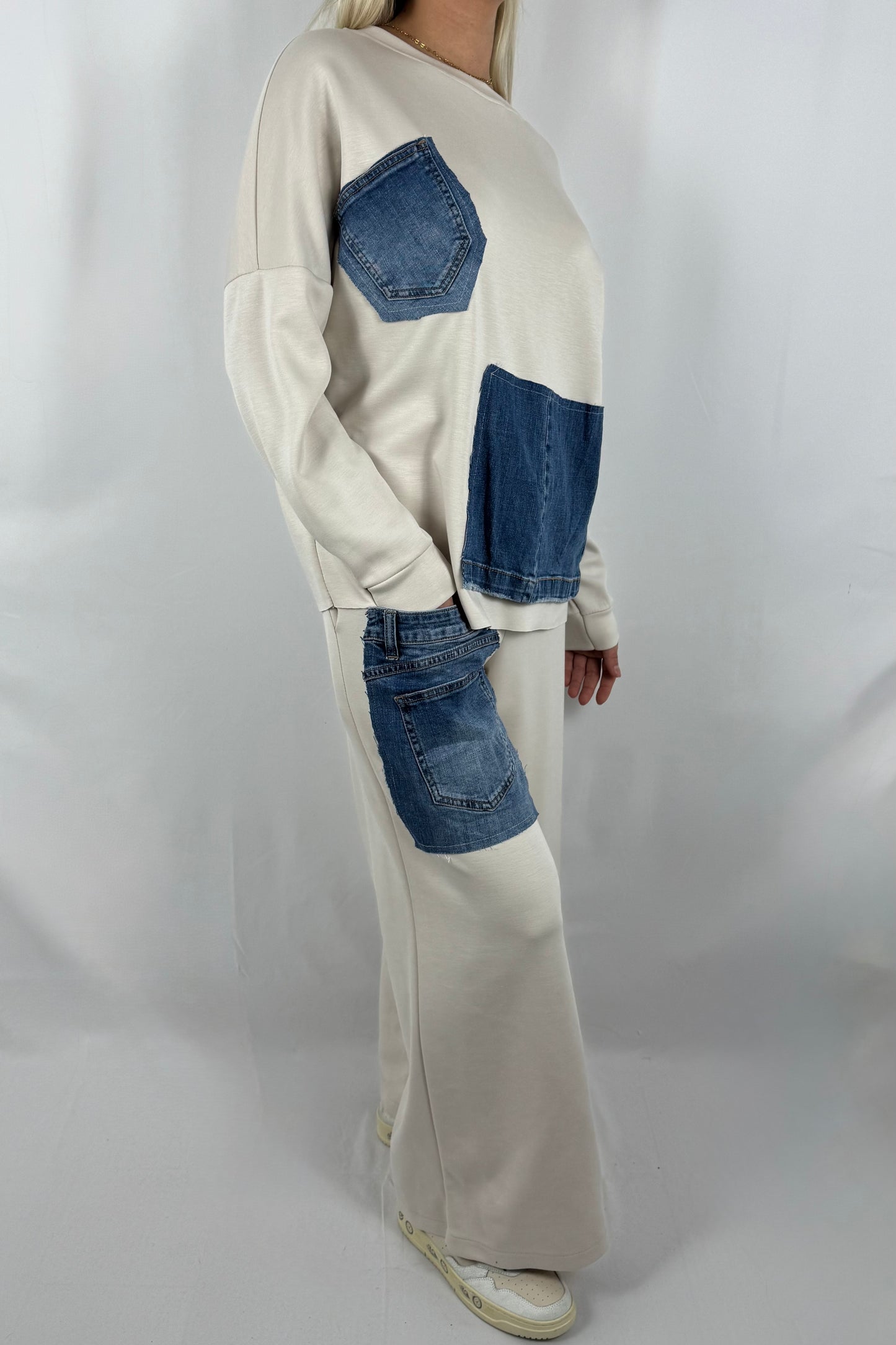 Damen Zweiteiler Set mit Denim Patch Details-Beige