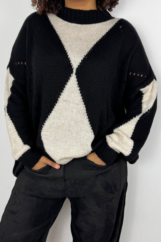 Strickpullover mit Rautenmuster –Schwarz