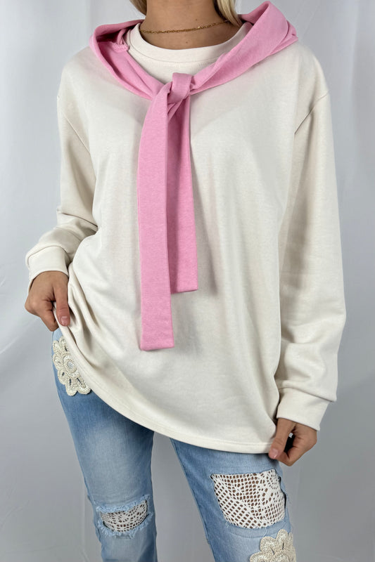 Oversize Pullover mit Schal-Detail-Beige