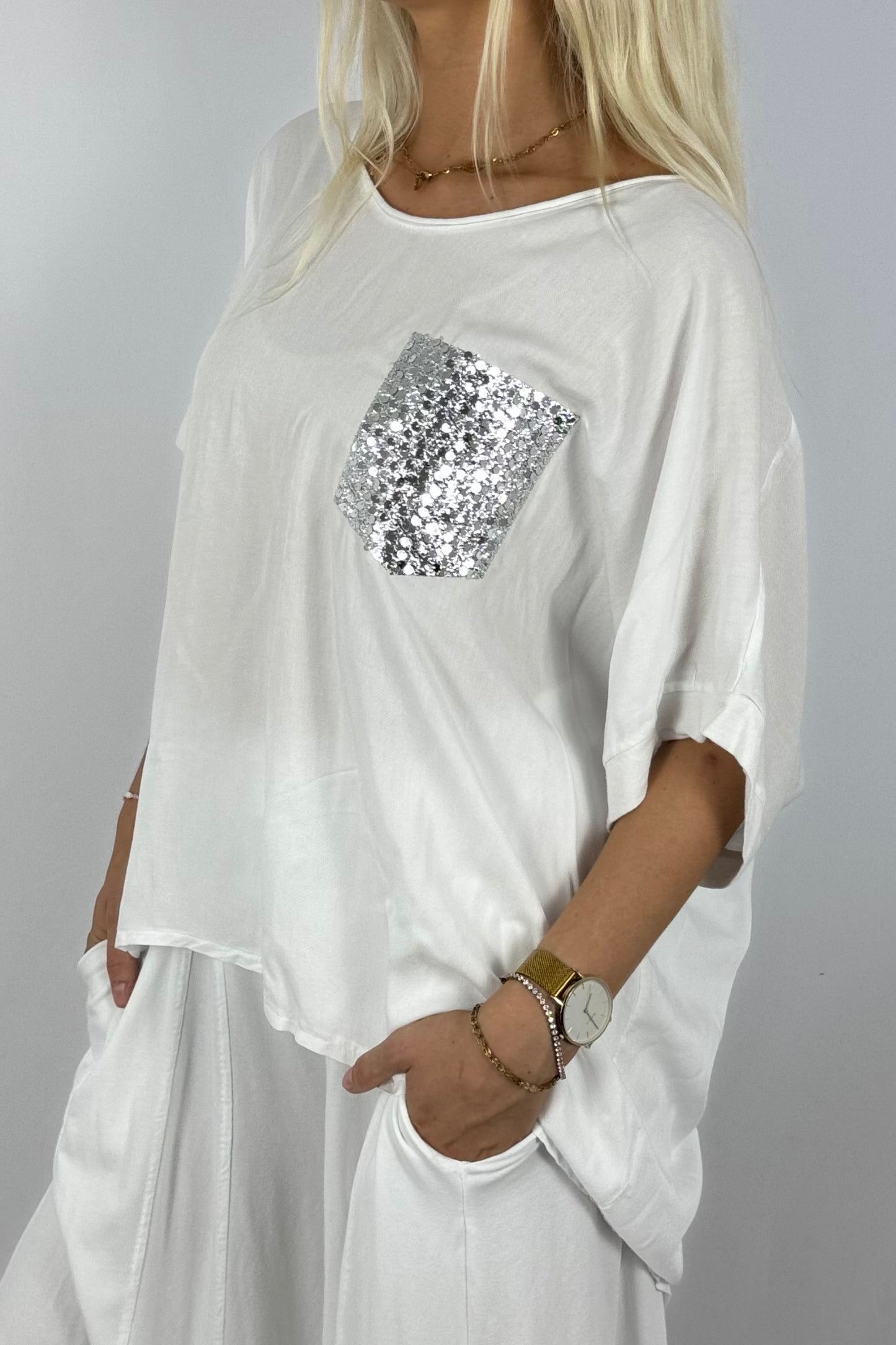 Oversize Shirt mit Pailletten-Brusttasche-Weiß