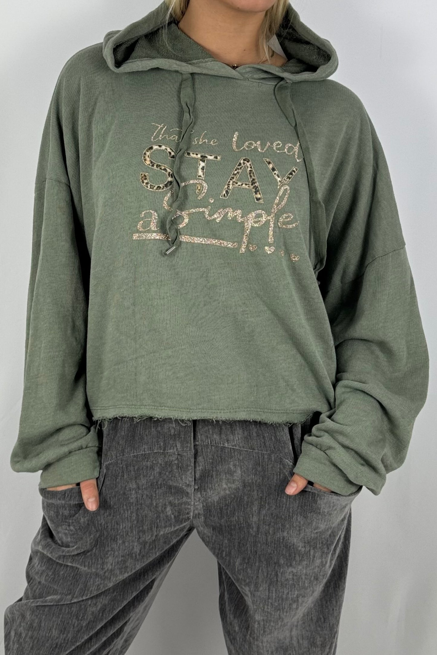 Damen Hoodie – Cropped mit Statement-Print-Khaki