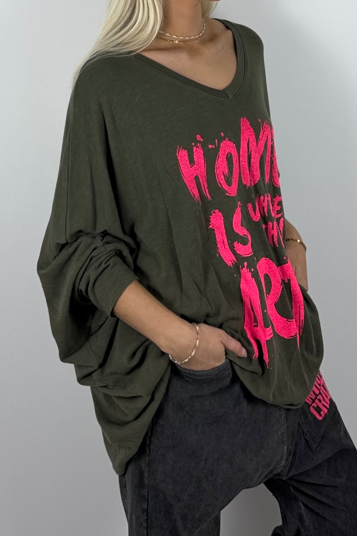 Damen Oversize-Shirt mit Statement-Print-Khaki