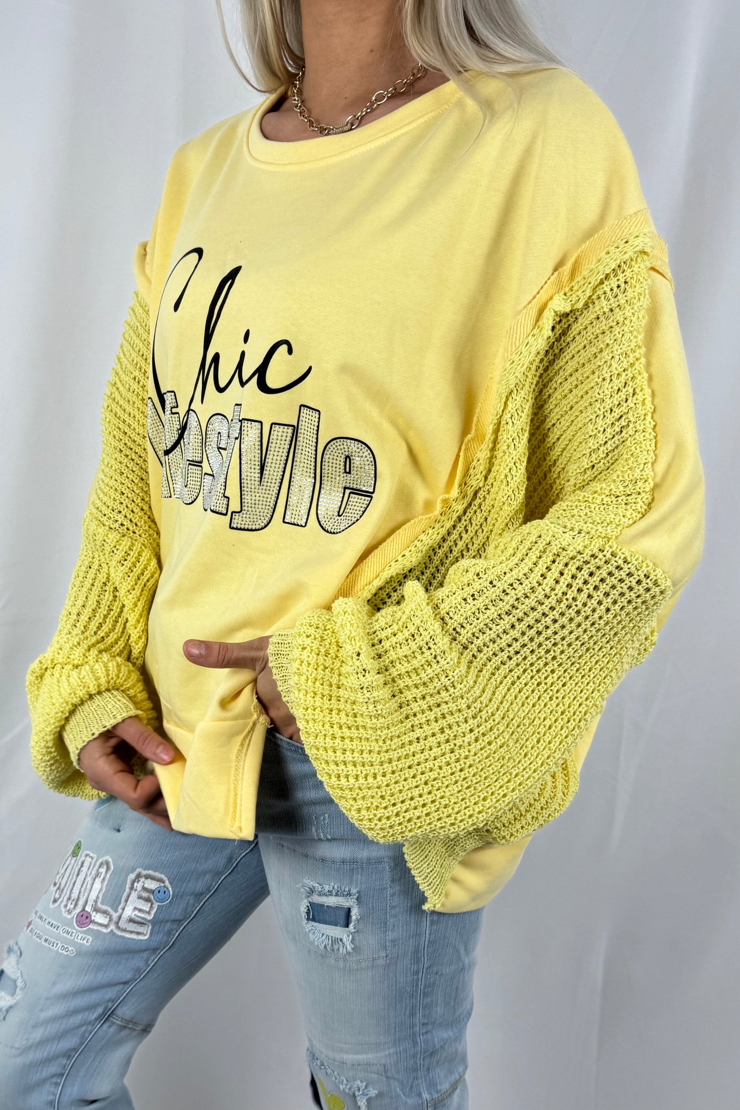 Sweatshirt mit Schrift-Print & Strickärmeln-Gelb