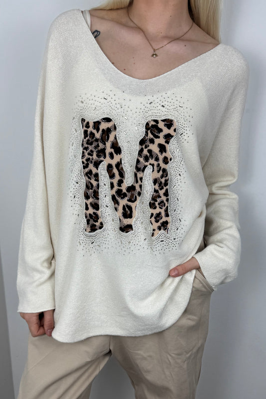 Langarmshirt mit Strass-Detail und M-Applikation-Butter