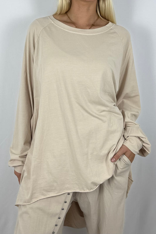 Oversize-Shirt „STYLE“ mit Leo-Print auf dem Rücken-Beige