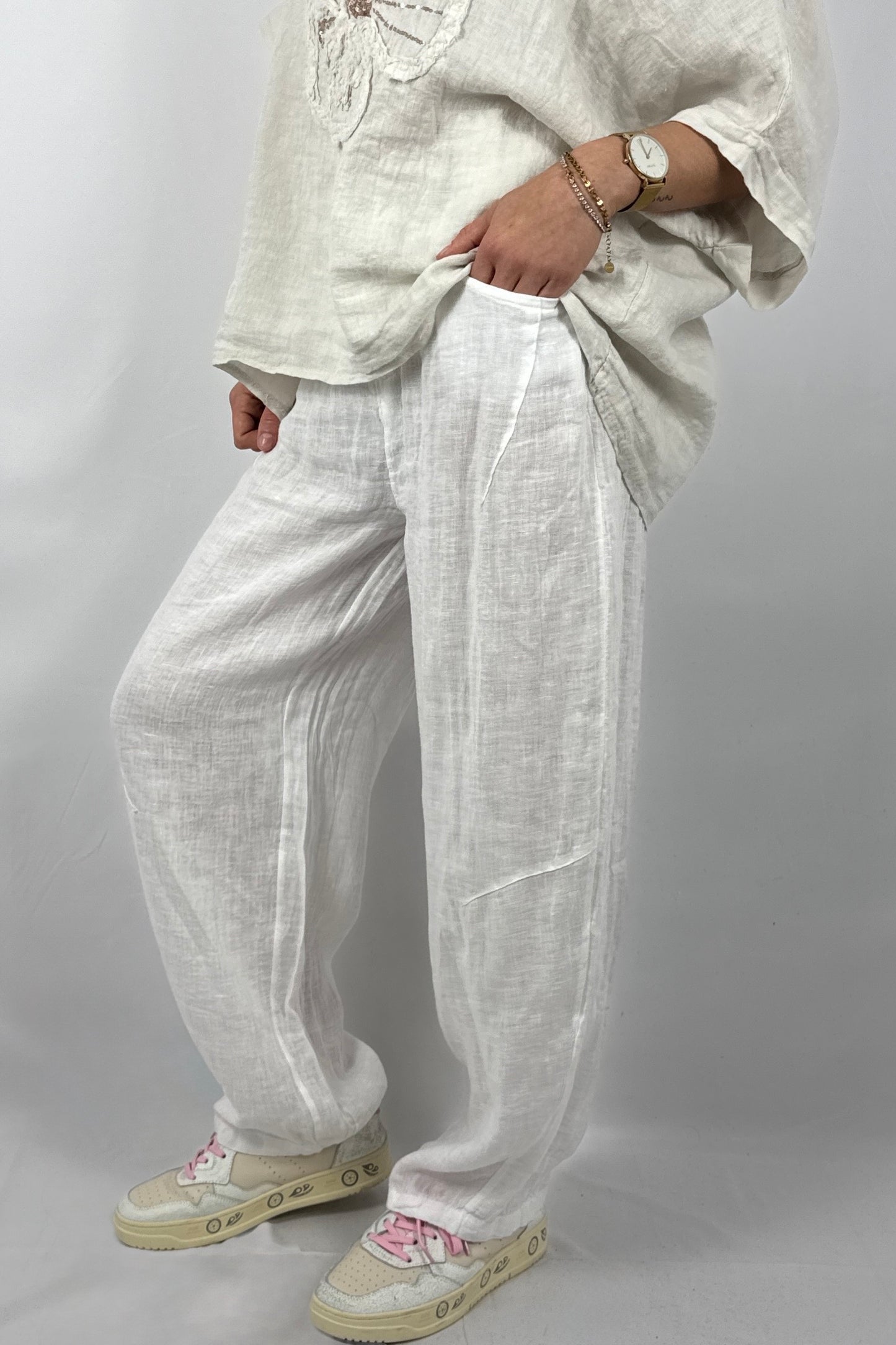 Lässige Leinenhose mit Knopfverschluss – Moderner Sommer Style-Weiß