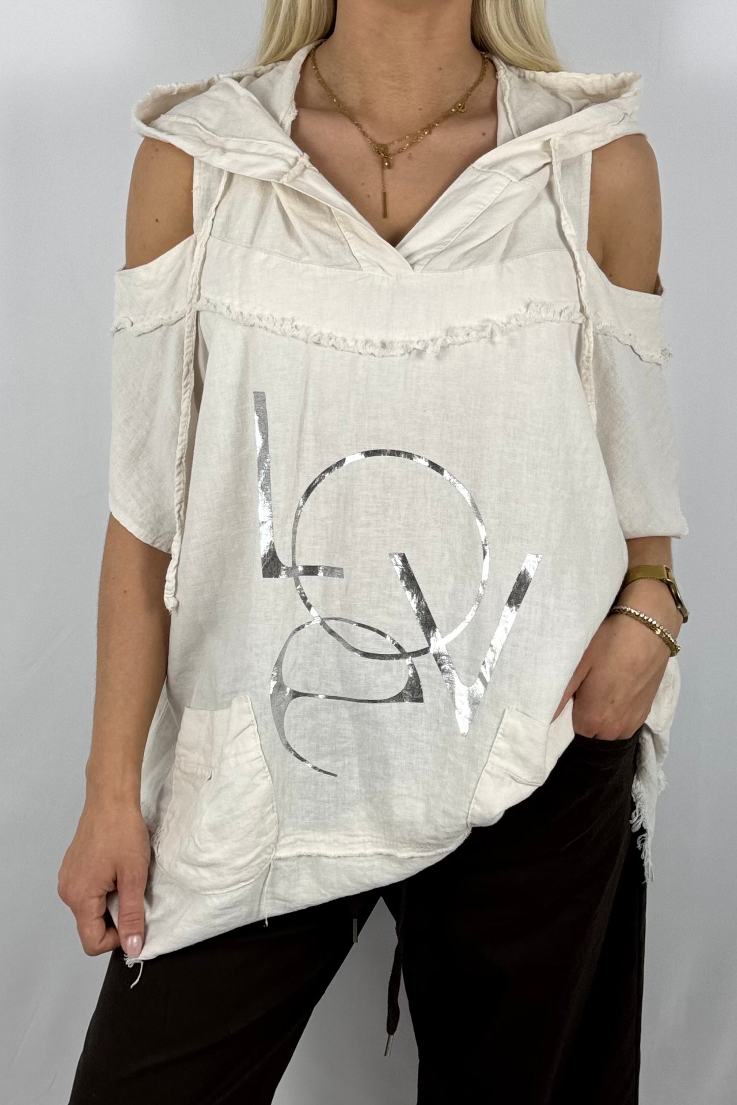 Leinen-Top mit Kapuze & LOVE-Print-Beige