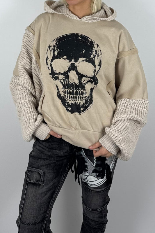 Damen-Hoodie mit Totenkopfprint und Strickdetails-Beige
