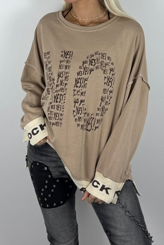 Damen-Sweatshirt mit „NO“-Print und „Rock It“-Bündchen-Beige