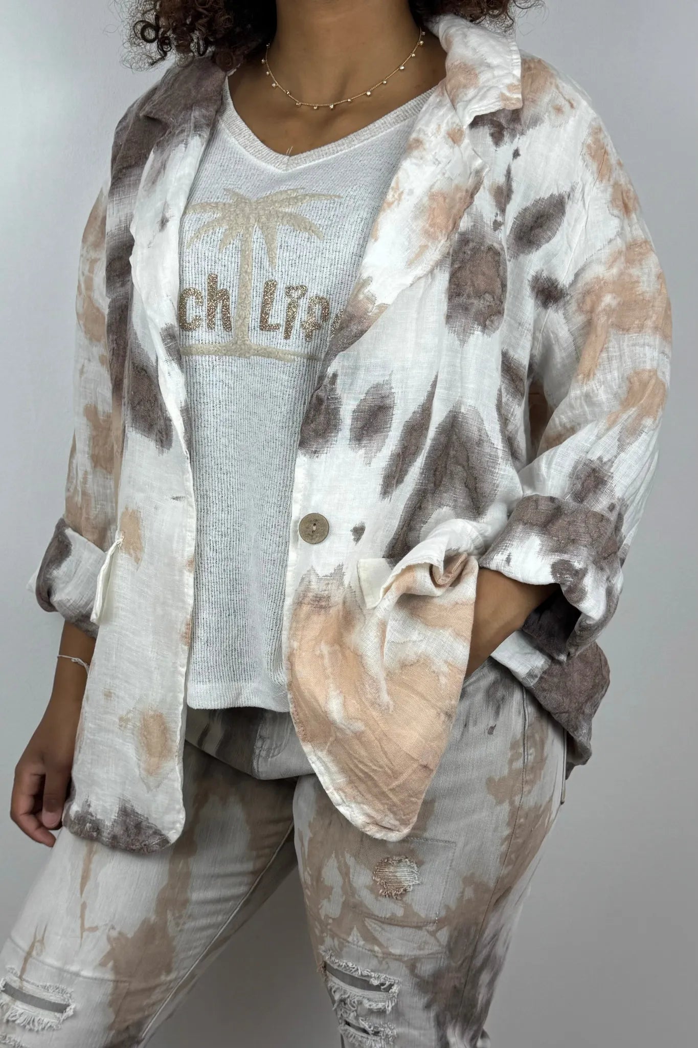 Oversize Damenbluse mit Batikmuster aus 100% Leinen