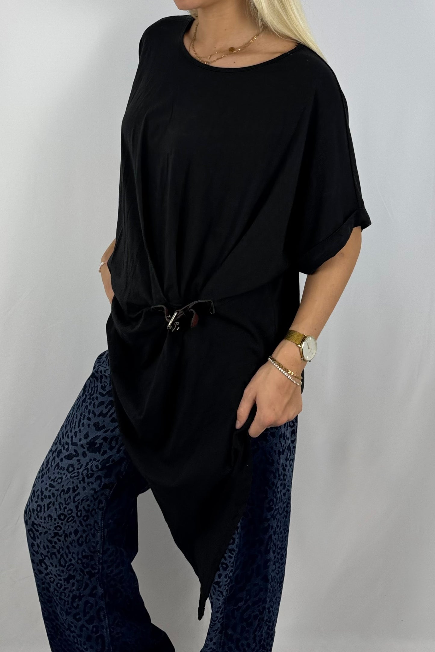 Damen Longshirt mit Schnalle – Oversize-Schwarz