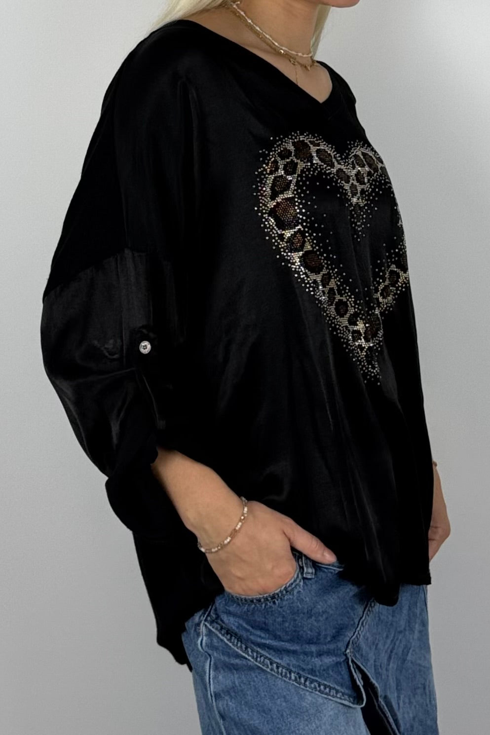 Damen Oversize Shirt mit Herz & Glitzer – Schwarz