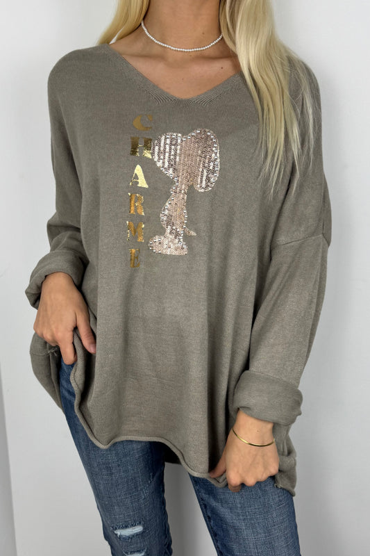 Damen Shirt mit V-Ausschnitt und Glitzer-Applikation –Mud