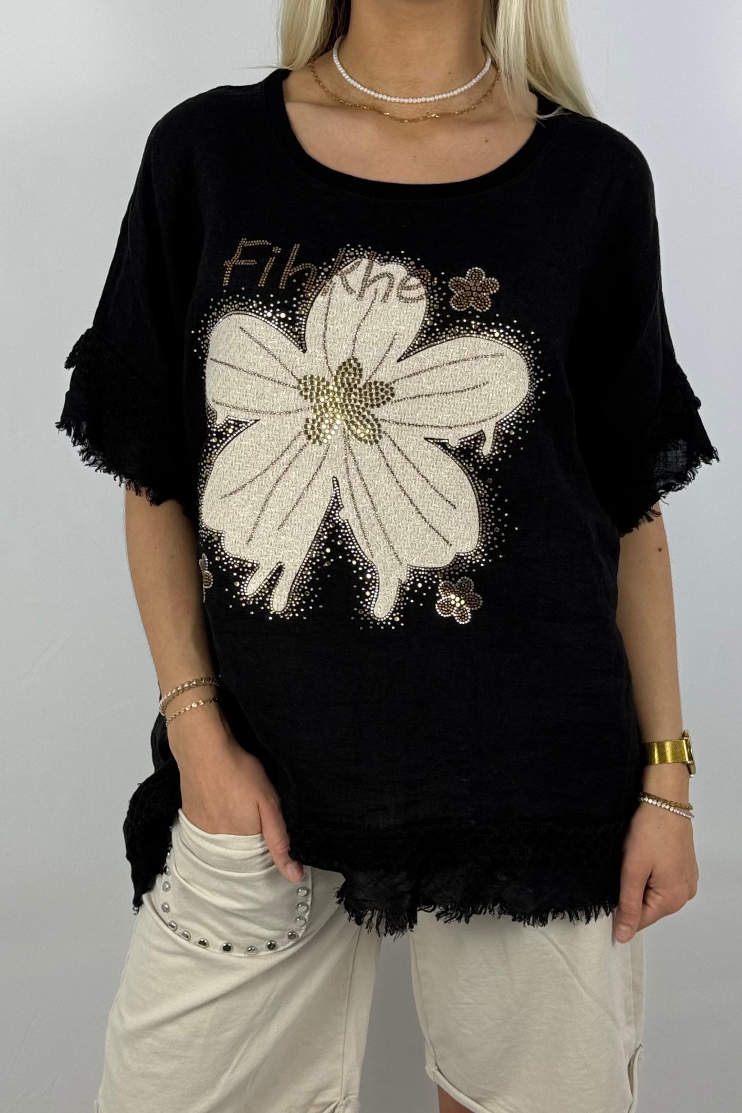 Leinen-Shirt mit Blumenprint & Häkel-Details-Schwarz