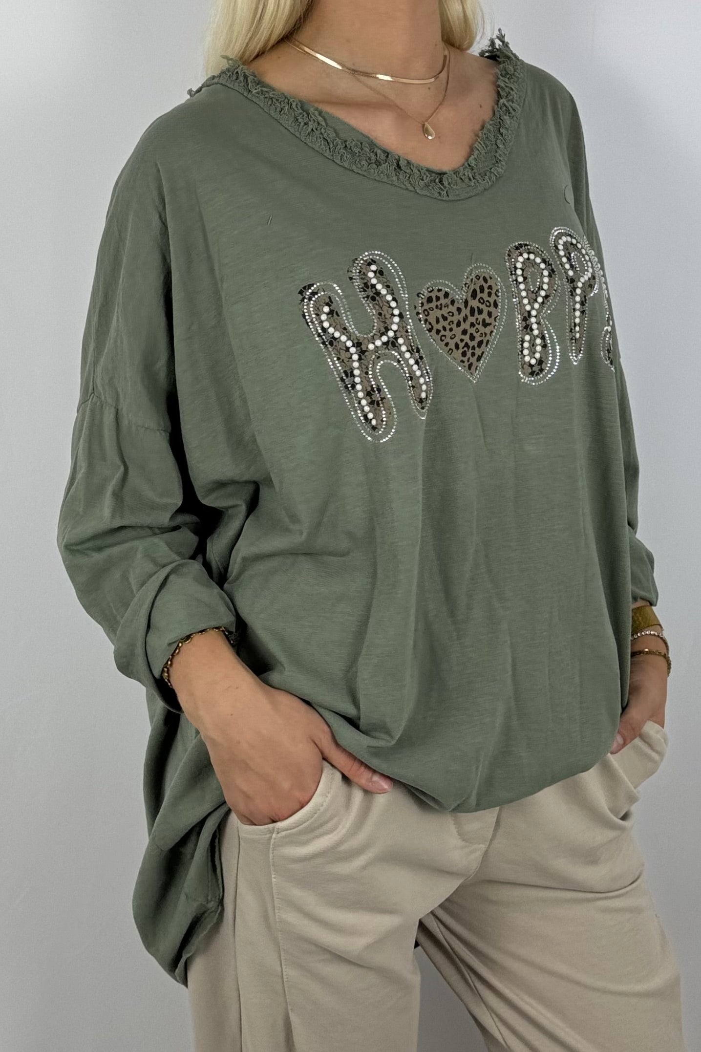 Damen Oversize Shirt – Happy Print-Khaki