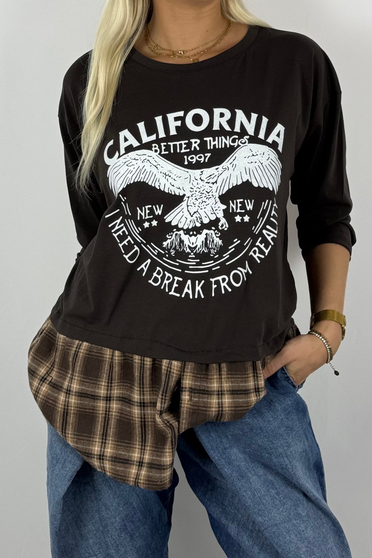 Damen Layering-Shirt „California“ – Karomuster-Look-Schoko
