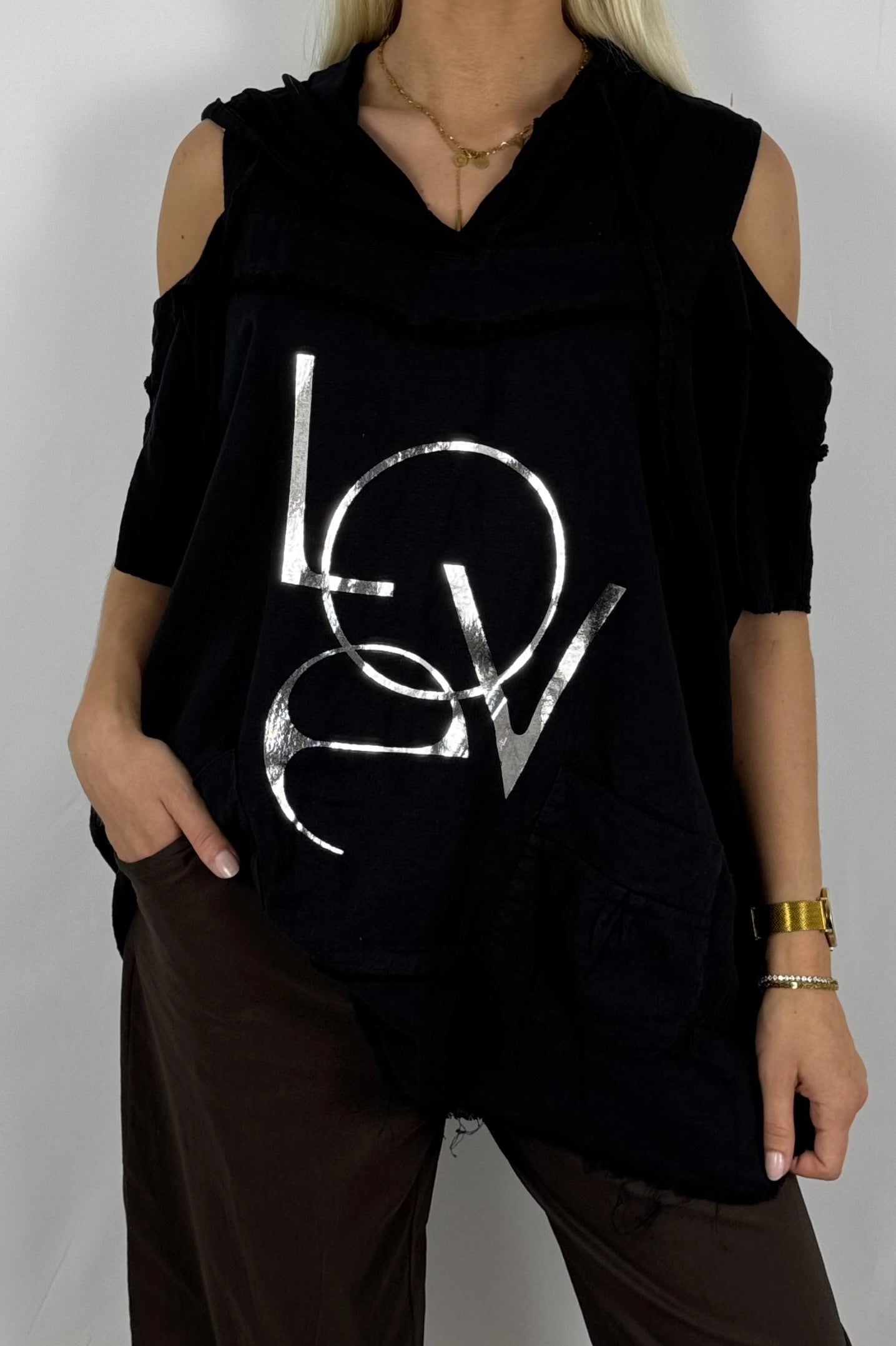 Leinen-Top mit Kapuze & LOVE-Print-Schwarz