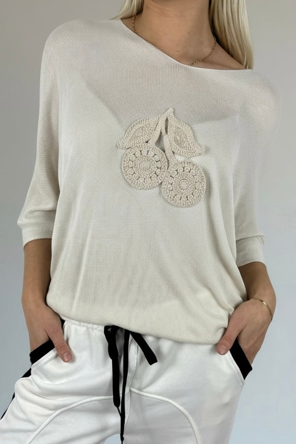 Shirt mit V-Ausschnitt & gehäkelter Applikation-Beige
