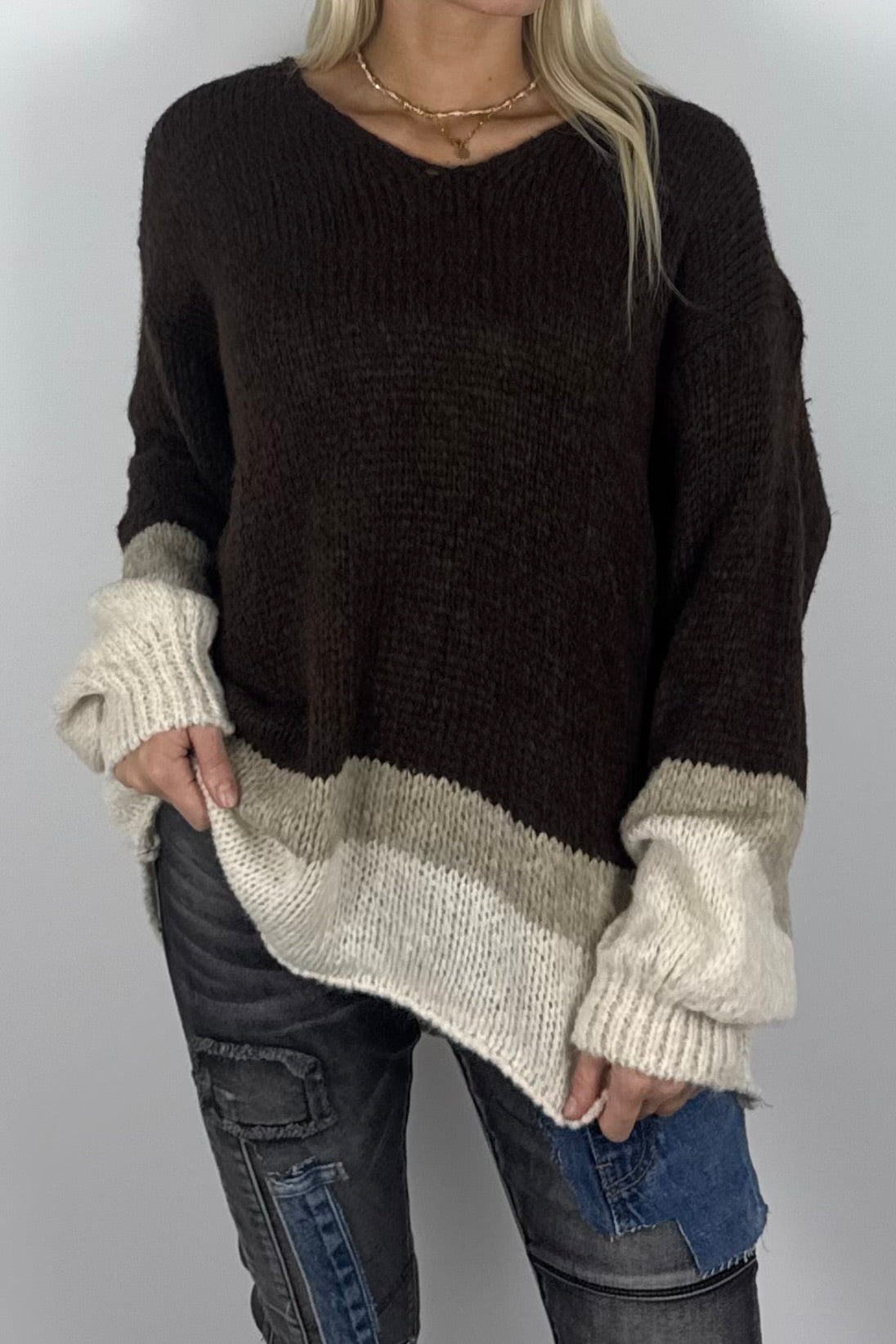 Damen Oversize Strickpullover mit V-Ausschnitt – Coffee