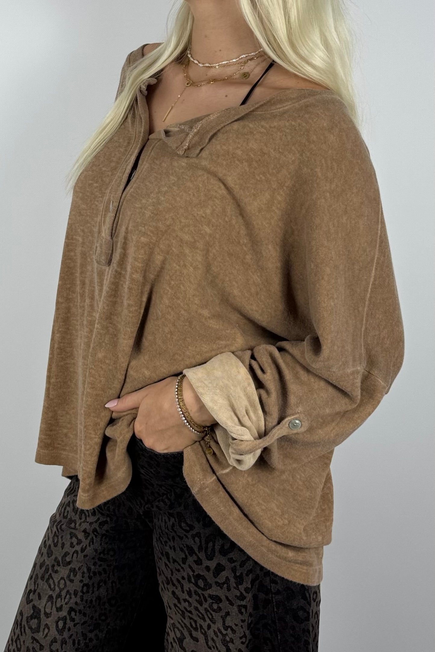Oversize Shirt mit Knopfleiste-Kamel