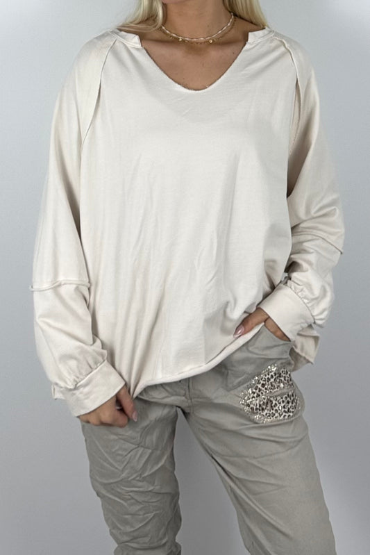 Damen Oversize-Sweatshirt mit V-Ausschnitt-Beige