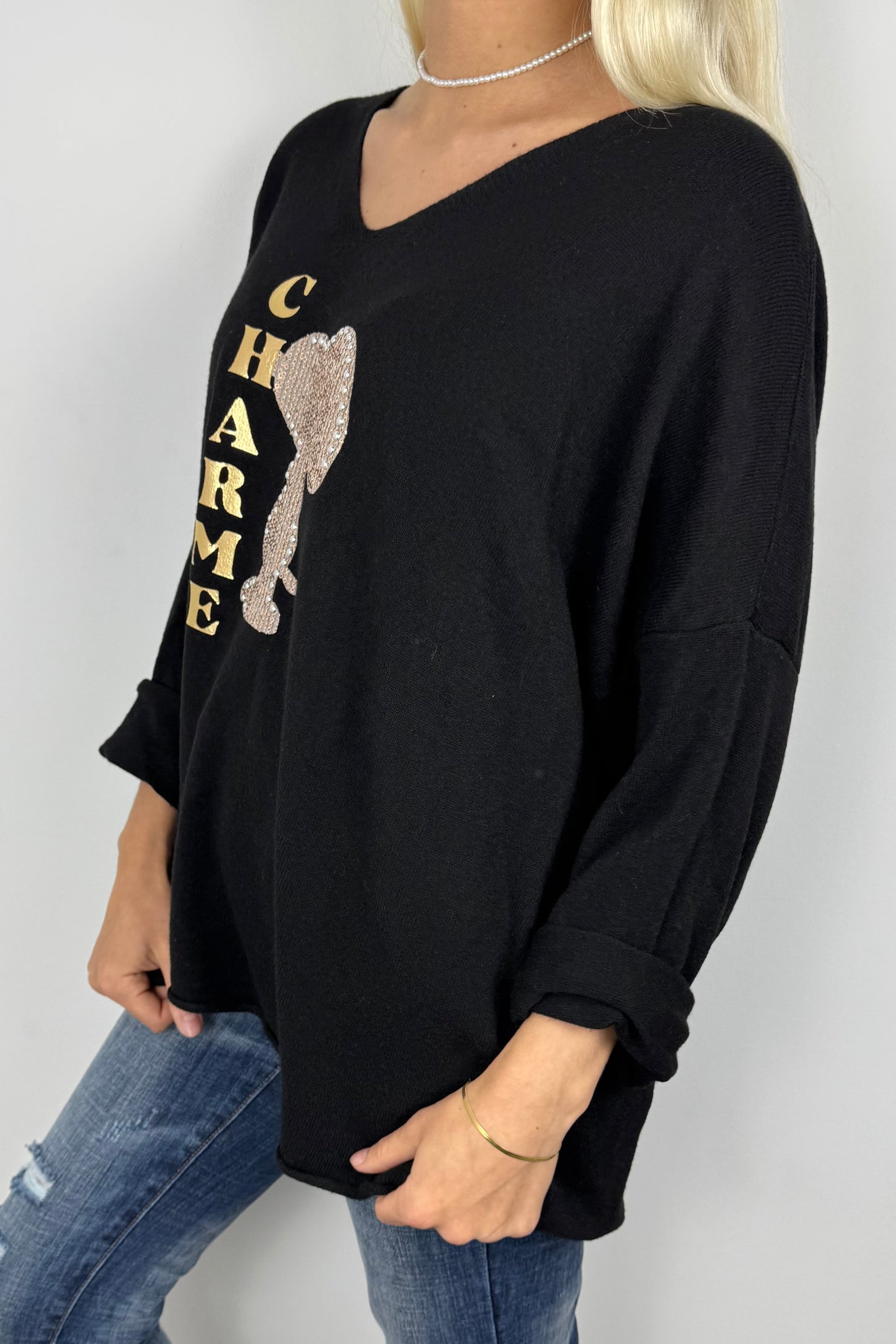 Damen Shirt mit V-Ausschnitt und Glitzer-Applikation –Schwarz