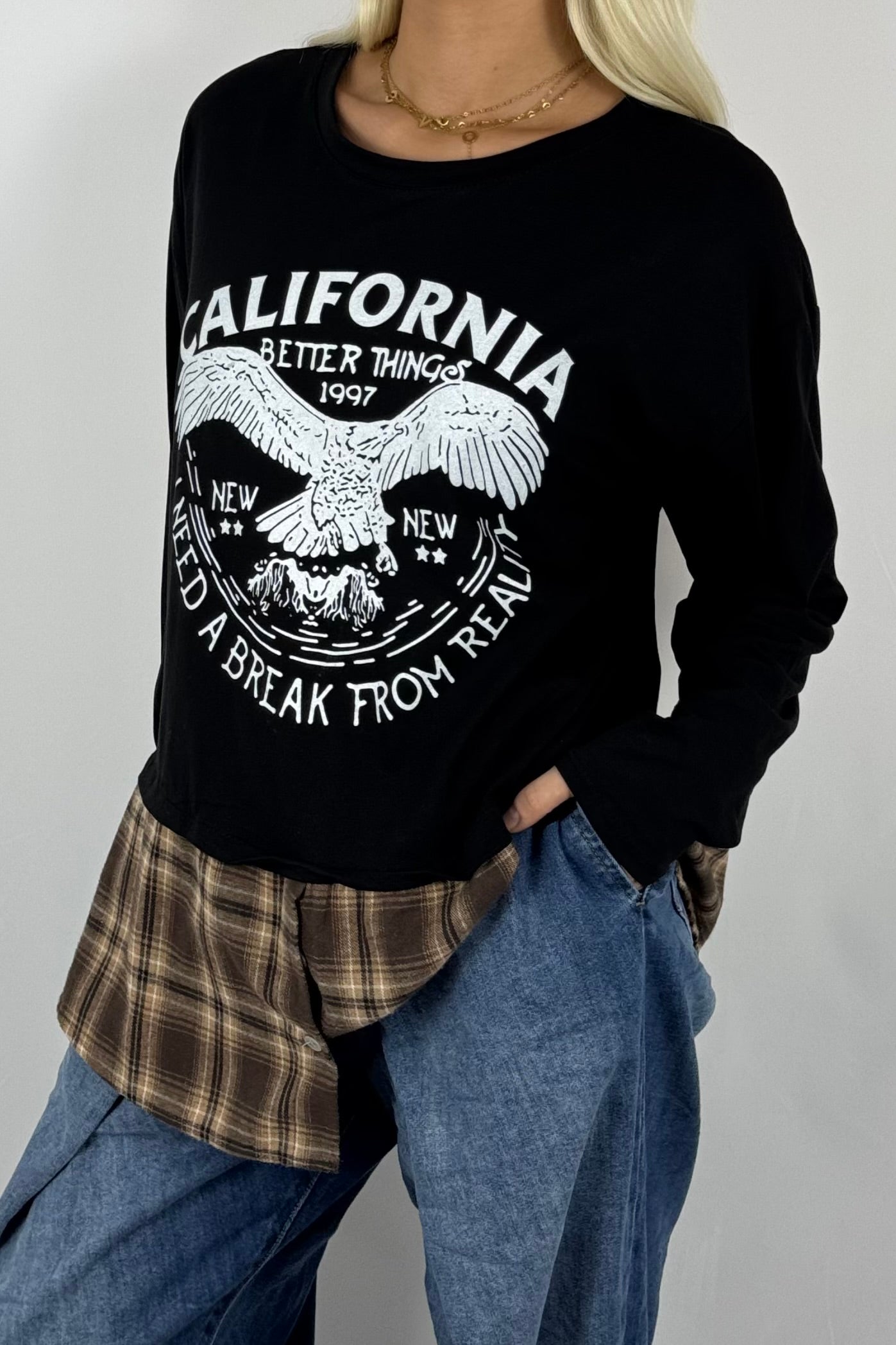 Damen Layering-Shirt „California“ – Karomuster-Look-Schwarz