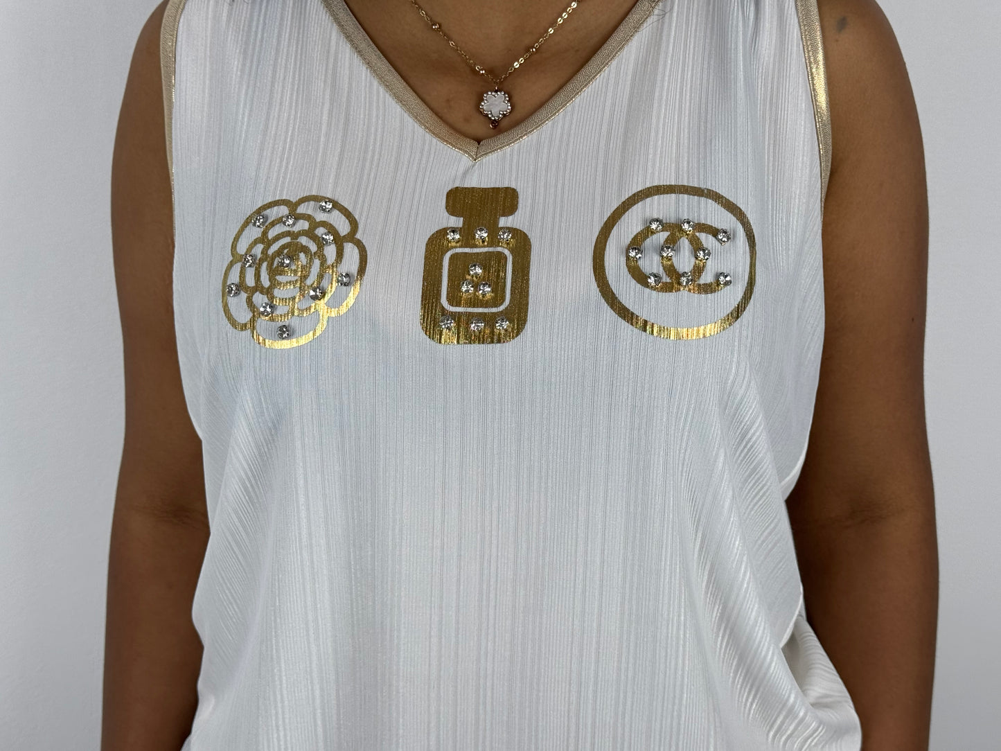 Weißes Damen-Top mit Goldprint & Strass-Details