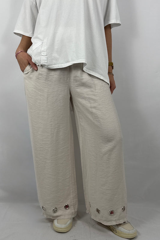 Damen Hose mit weitem Bein und Ösen Details-Beige