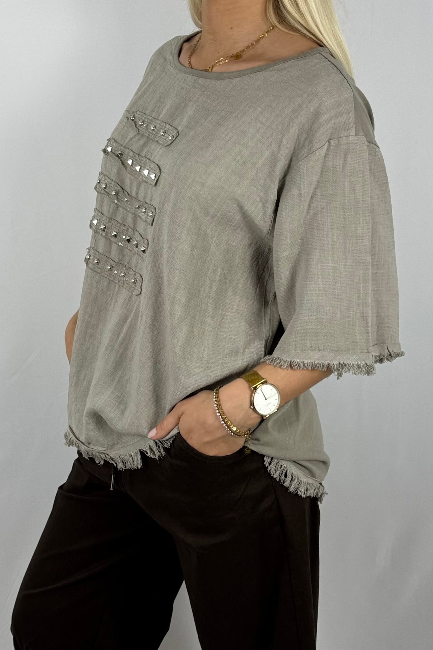 Leinen-Shirt mit Fransen & Nieten-Details-Mud