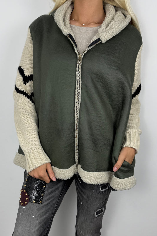 Jacke mit Teddyfutter und Strickärmeln –Khaki