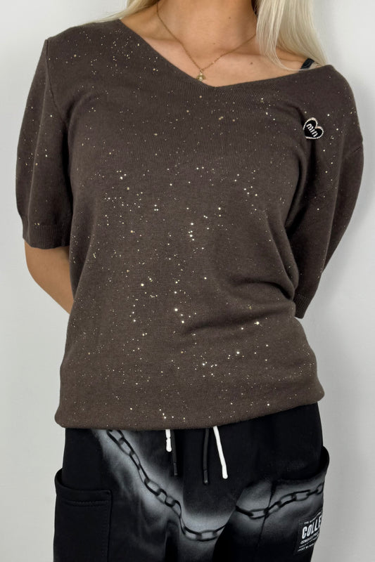 Damen Shirt mit Herz-Detail und Glitzer-Akzenten -Choco