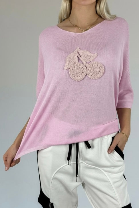 Shirt mit V-Ausschnitt & gehäkelter Applikation-B-Pink