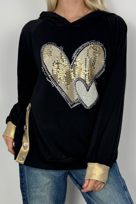 Hoodie mit Herz-Applikation und Glitzer-Details-Schwarz