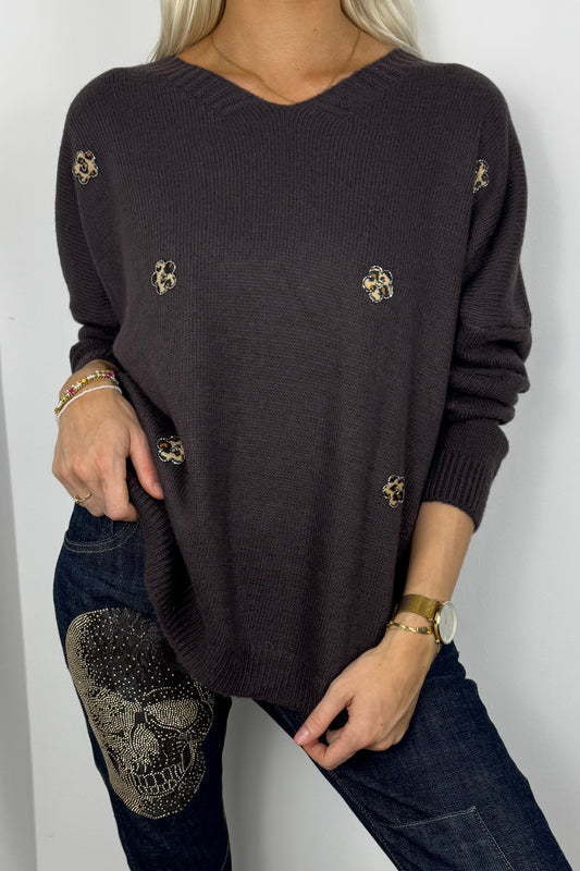Strickshirt mit Blumen-Details-Choco