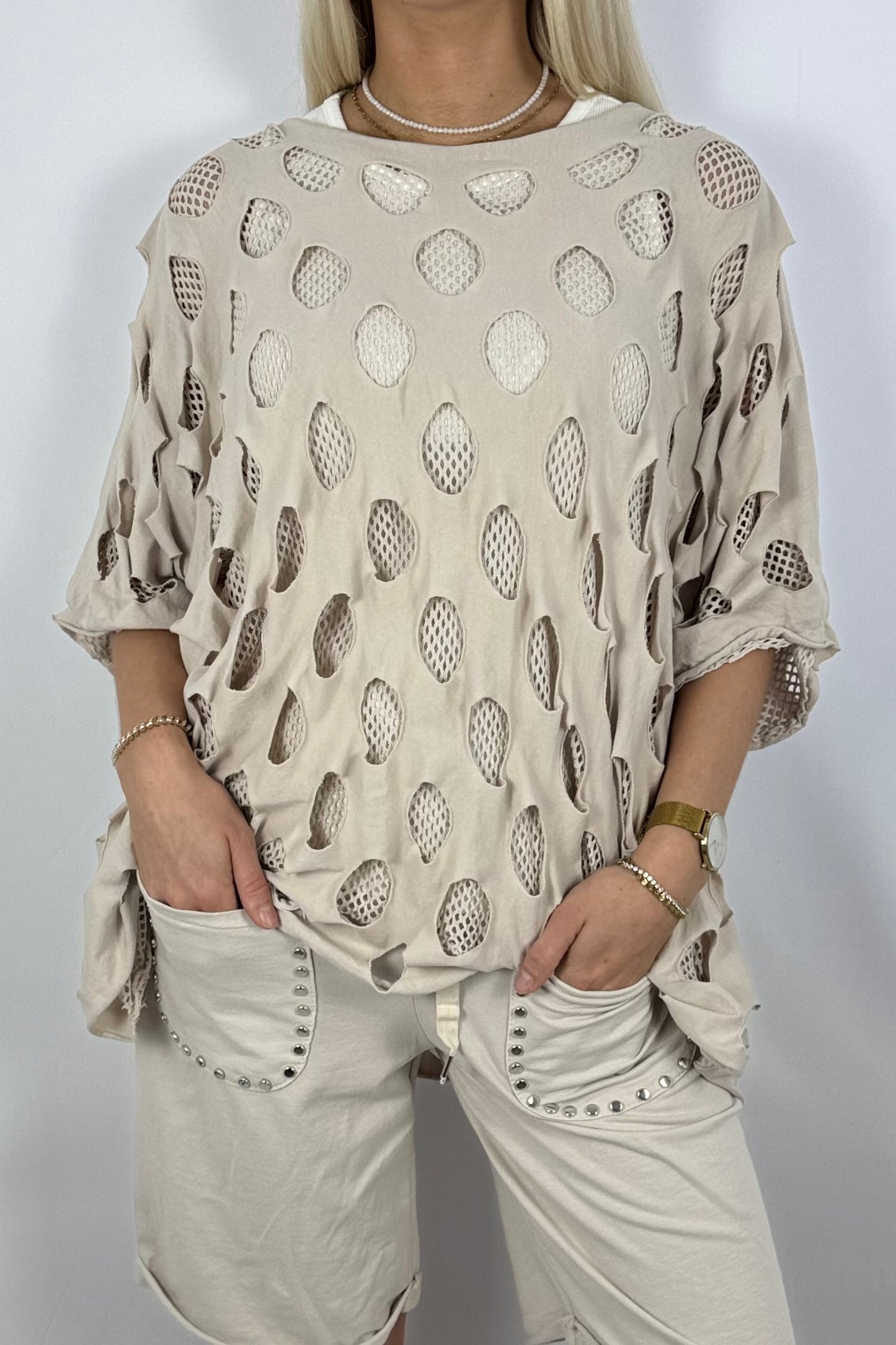 Oversize-Netzshirt aus Baumwolle-Beige
