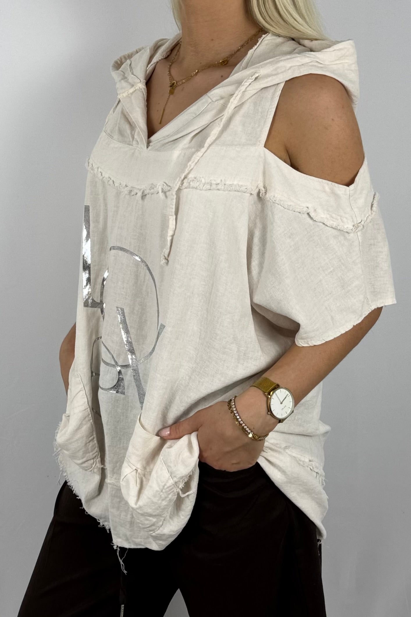Leinen-Top mit Kapuze & LOVE-Print-Beige
