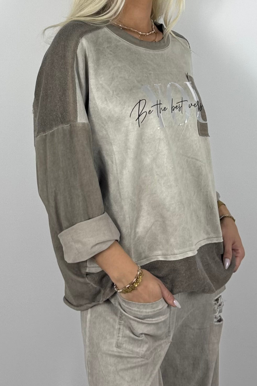 Oversize Damen Sweatshirt mit Glitzer-Details & Schriftzug – Mud