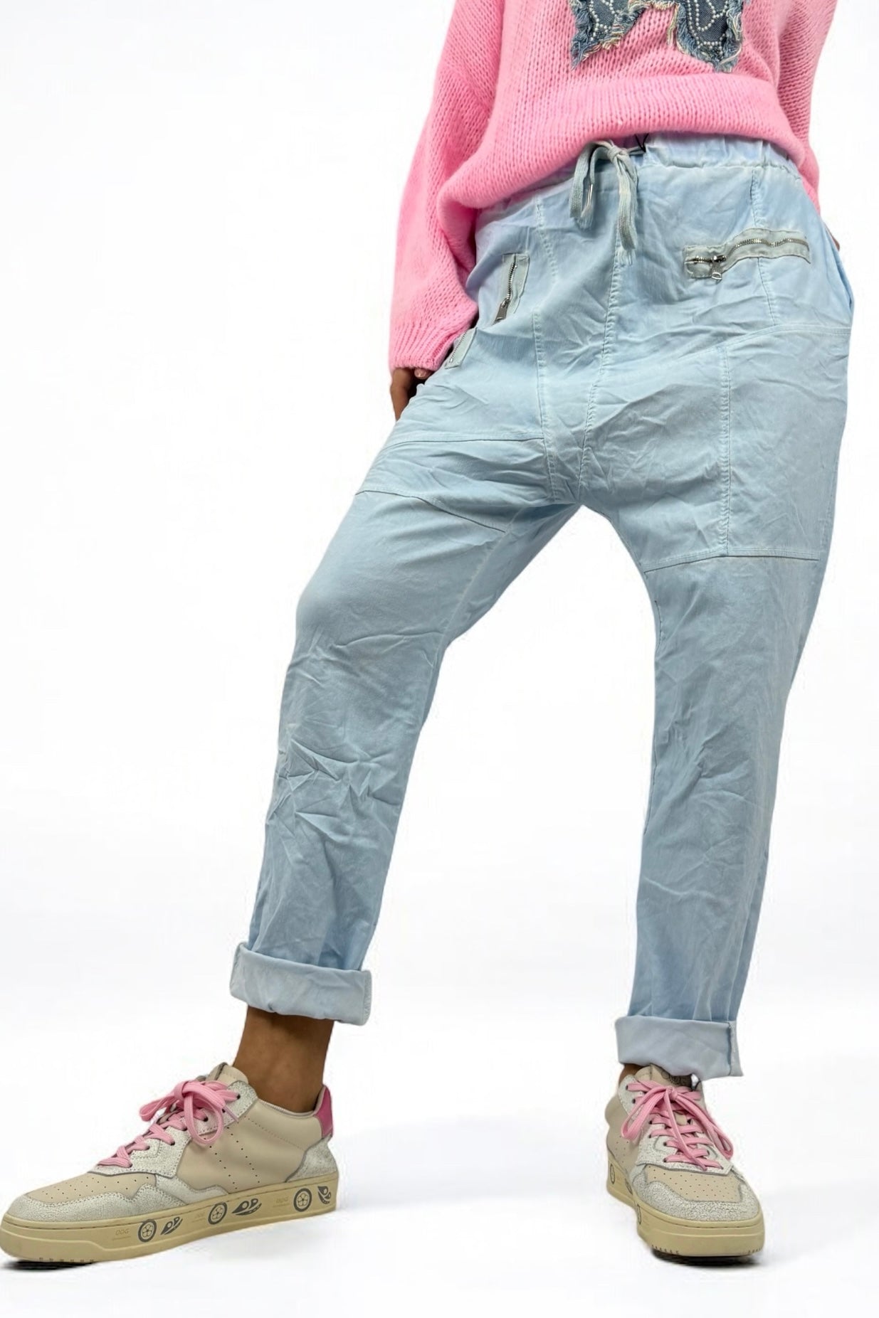 Hose mit elastischem Bund & Reißverschlusstaschen-Hellblau