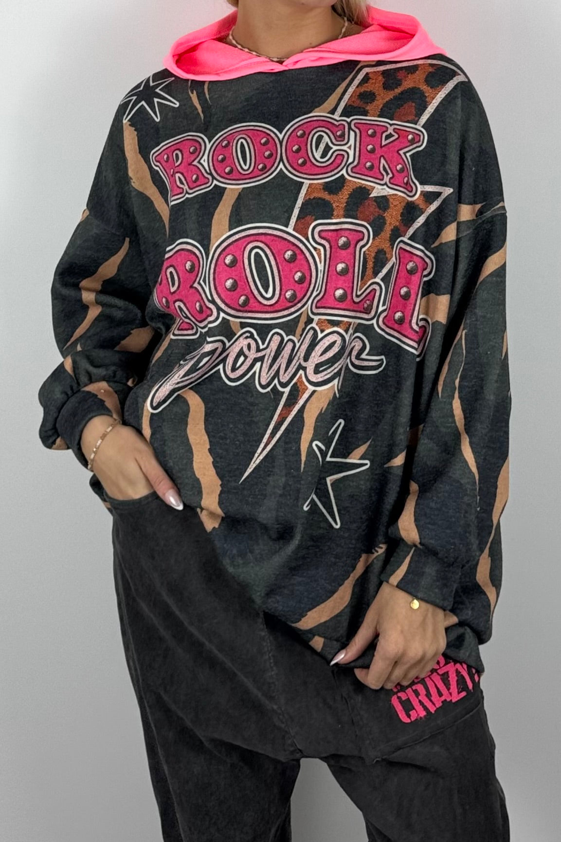 Damen Oversize Hoodie „Rock & Roll Power“-Schwarz