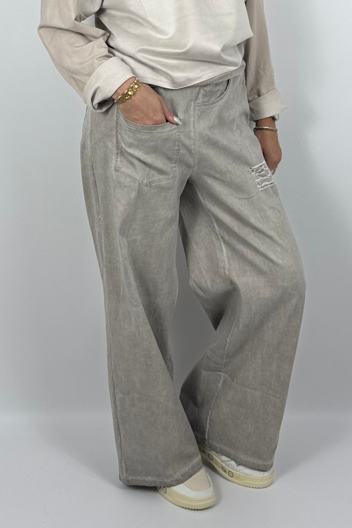 Damen Wide-Leg Hose mit Destroyed-Details – Dunkel Beige