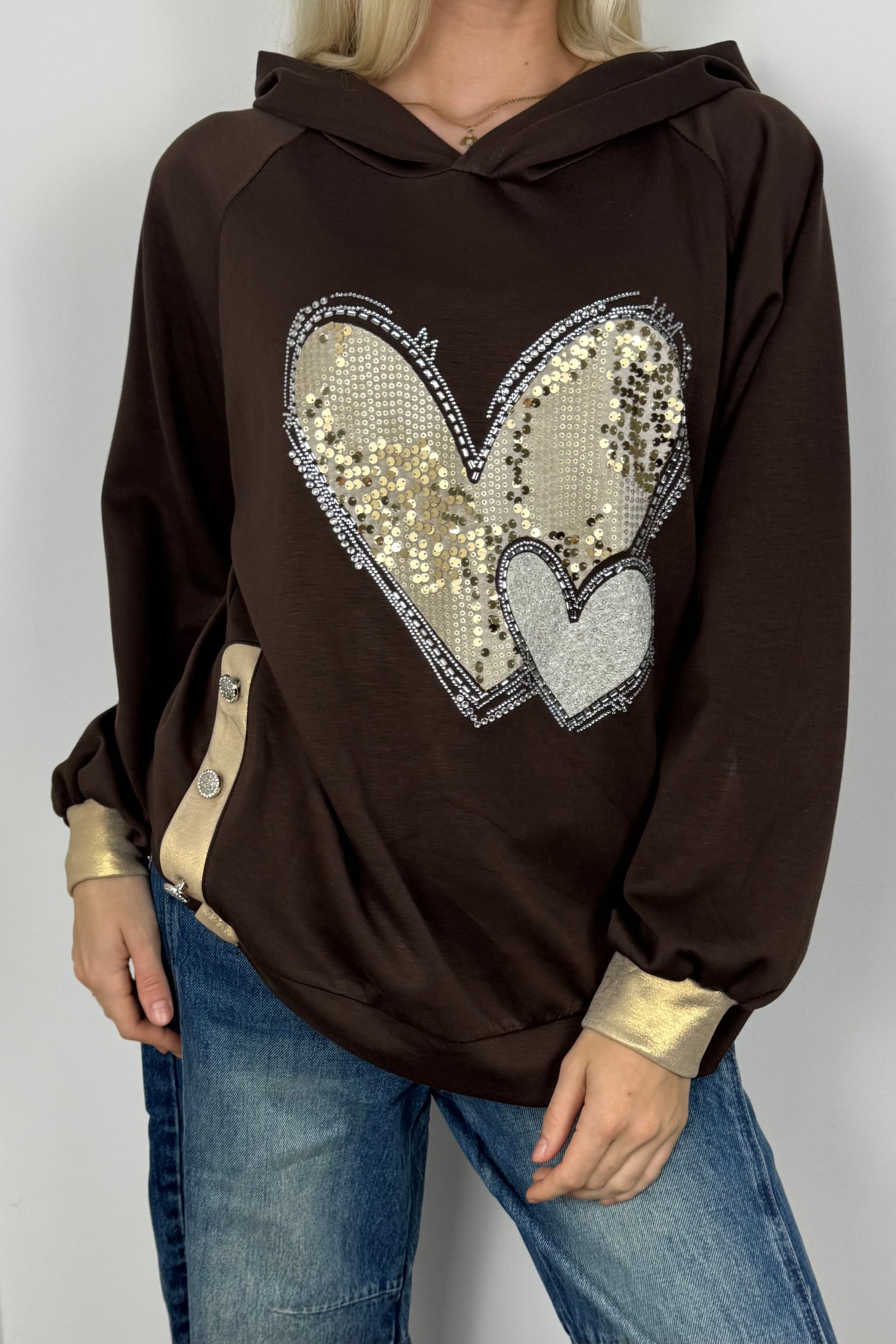 Hoodie mit Herz-Applikation und Glitzer-Details-Choco