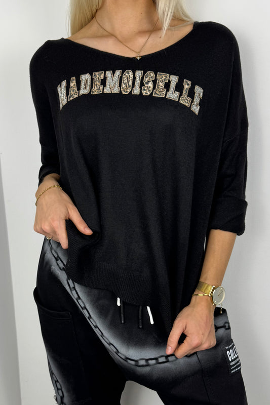 Strickshirt mit Schriftzug „Mademoiselle“-Schwarz
