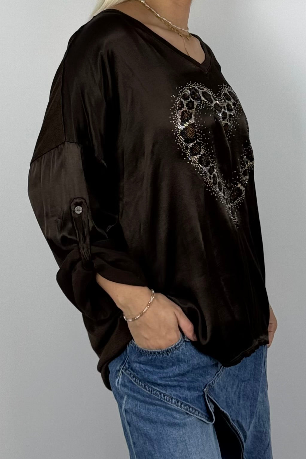 Damen Oversize Shirt mit Herz & Glitzer – Schoko