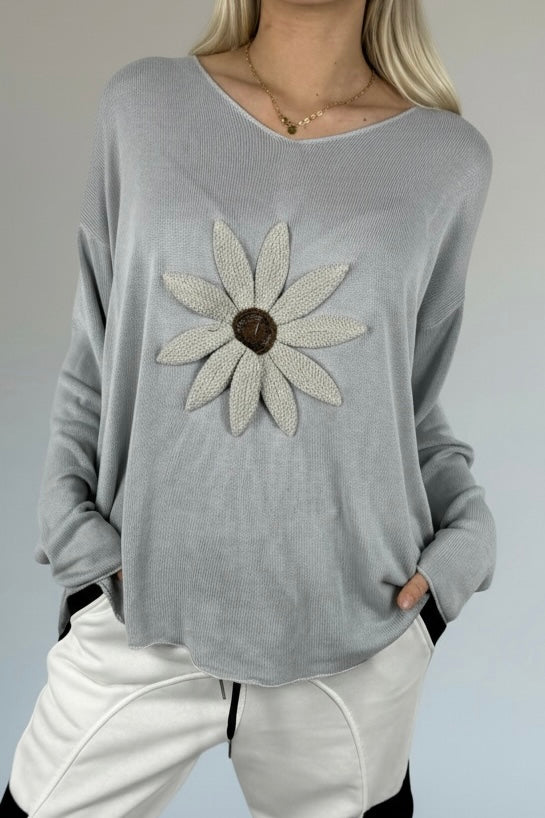 Shirt mit V-Ausschnitt & floraler Applikation-Grau