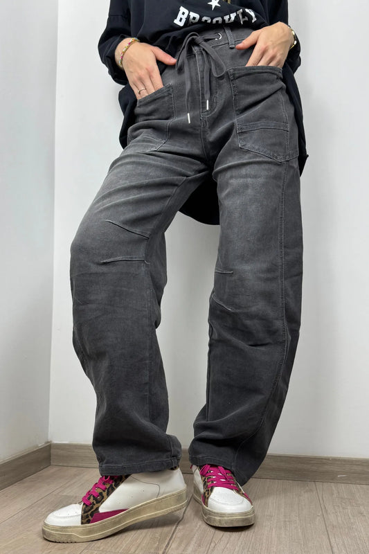 Trendige Damen-Jeans in Grau mit Kontrastnähten und Kordel