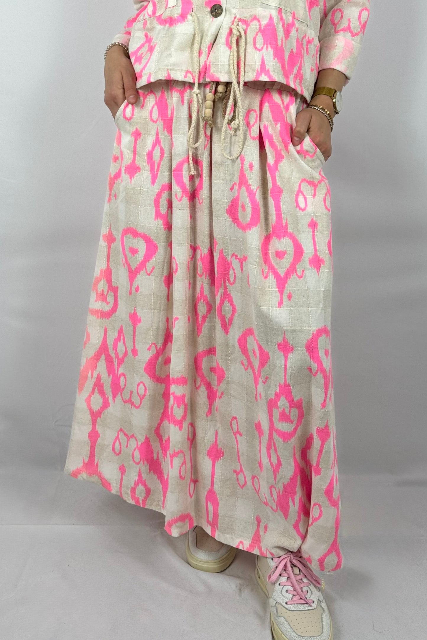 Boho Rock mit Print – Leinen/Viskose-Neon Pink