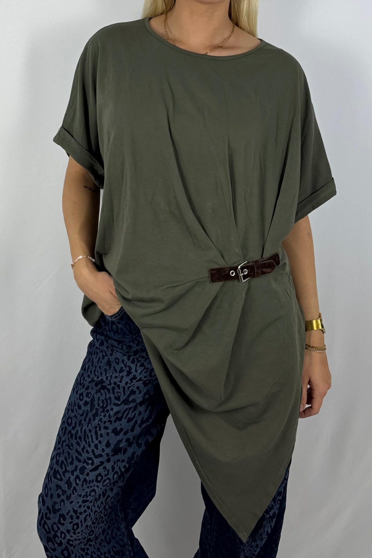 Damen Longshirt mit Schnalle – Oversize-Khaki