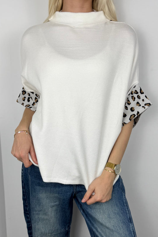 Shirt mit Stehkragen und Animal-Print-Details-Weiß
