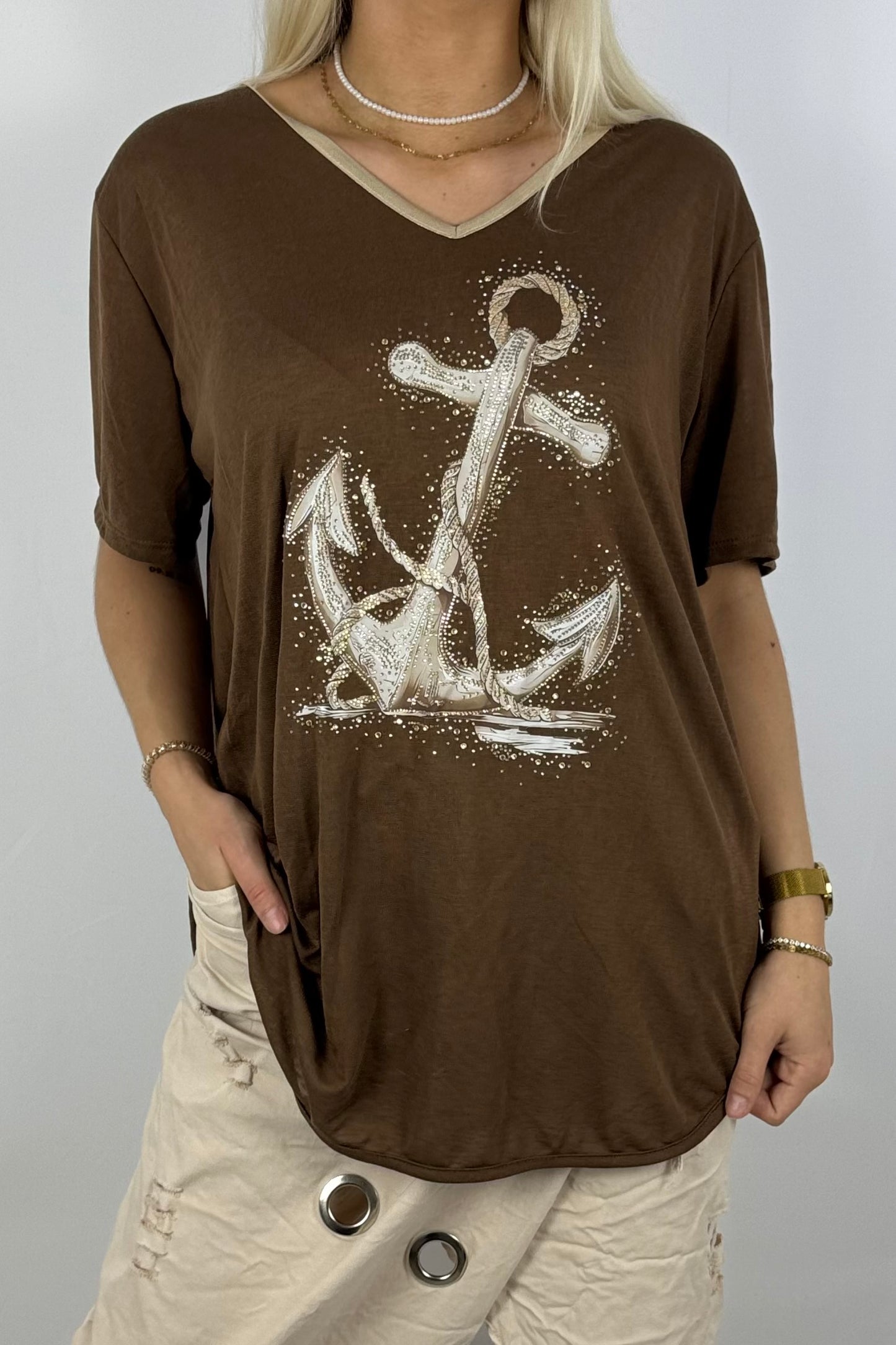 Oversize-Shirt mit Anker-Print & Golddetails-Schoko